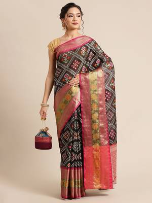 Black Art Silk woven saree with blouse 4