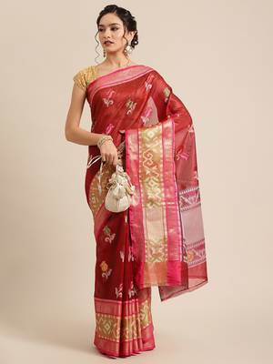 Maroon Art Silk woven saree with blouse 4
