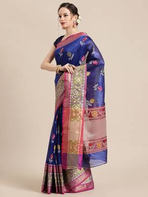BLUE Art Silk woven saree with blouse 3