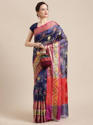 BLUE Art Silk woven saree with blouse 4