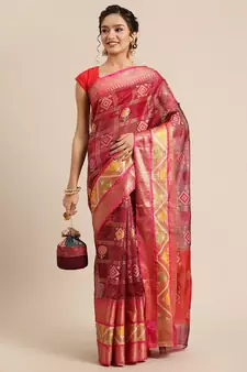 Magenta Art Silk woven saree with blouse
