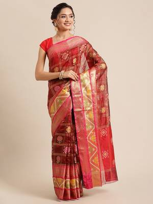 Maroon Art Silk woven saree with blouse 1