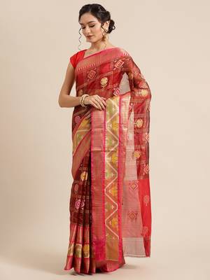 Maroon Art Silk woven saree with blouse 3