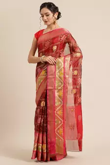 Maroon Art Silk woven saree with blouse