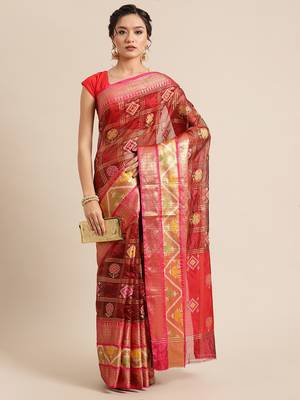Maroon Art Silk woven saree with blouse 4