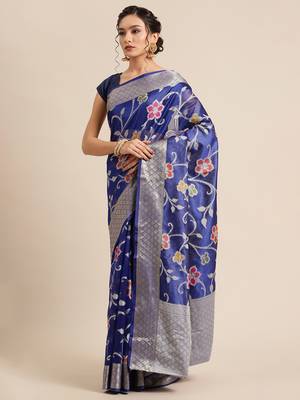 BLUE Art Silk woven saree with blouse 3