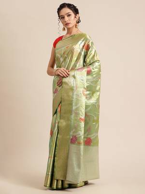 Green Tissue  woven saree with blouse 3