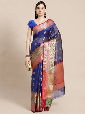BLUE Art Silk woven saree with blouse 1