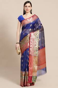 BLUE Art Silk woven saree with blouse