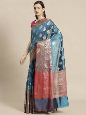 Blue Art Silk woven saree with blouse 1