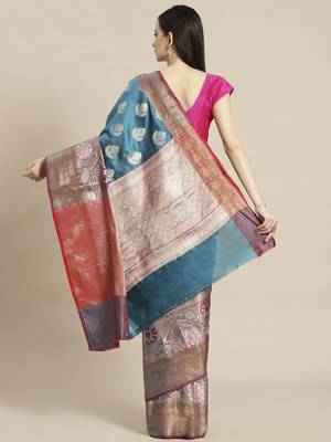 Blue Art Silk woven saree with blouse 2