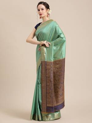 Green silk woven saree with blouse 3