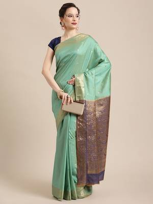Green silk woven saree with blouse 5