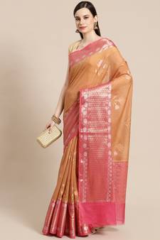Orange  cotton woven saree with blouse