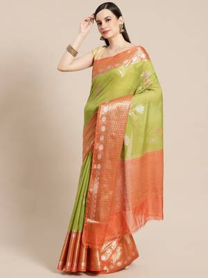 Green cotton woven saree with blouse 1