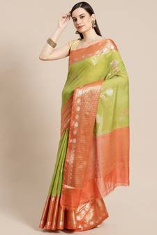 Green cotton woven saree with blouse