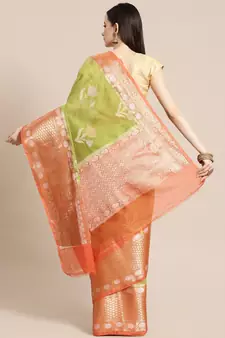 Green cotton woven saree with blouse