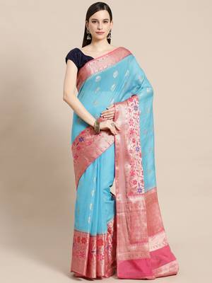 blue cotton woven saree with blouse 1