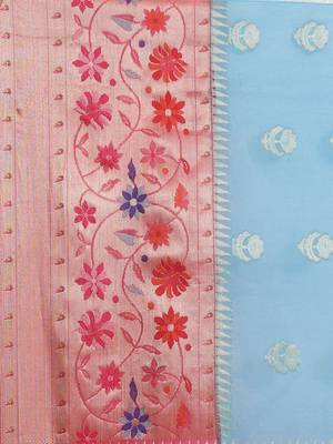 blue cotton woven saree with blouse 3