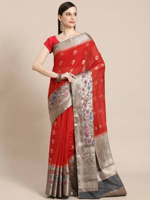 Red cotton woven saree with blouse 1