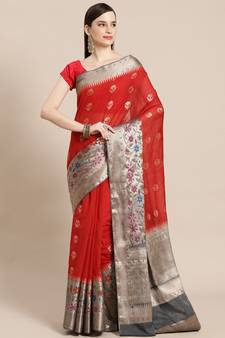 Red cotton woven saree with blouse