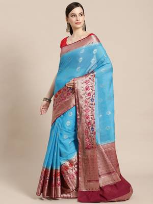 blue cotton woven saree with blouse 1