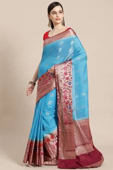 blue cotton woven saree with blouse