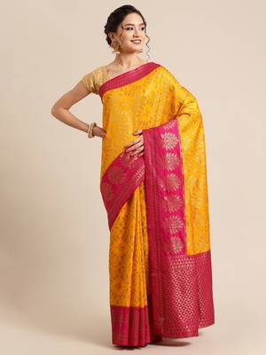 Gold pure dupion silk woven saree with blouse 1