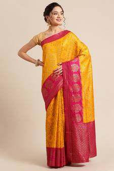 Gold pure dupion silk woven saree with blouse