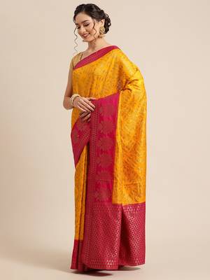 Gold pure dupion silk woven saree with blouse 3