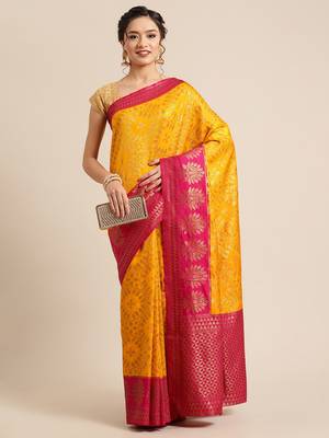 Gold pure dupion silk woven saree with blouse 4