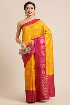 Gold pure dupion silk woven saree with blouse
