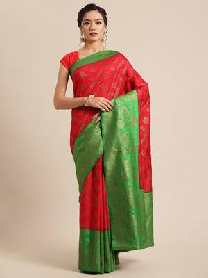 Red pure dupion silk woven saree with blouse 1