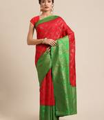 Red pure dupion silk woven saree with blouse