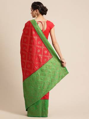 Red pure dupion silk woven saree with blouse 2