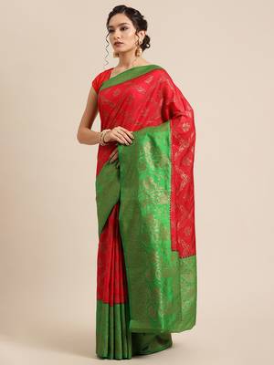 Red pure dupion silk woven saree with blouse 3