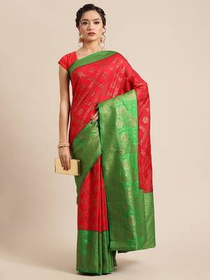 Red pure dupion silk woven saree with blouse 4