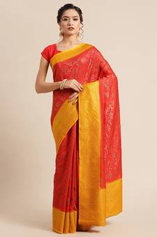 Red pure dupion silk woven saree with blouse