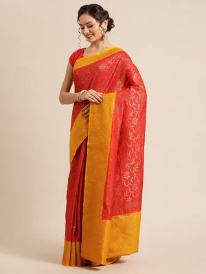 Red pure dupion silk woven saree with blouse 3