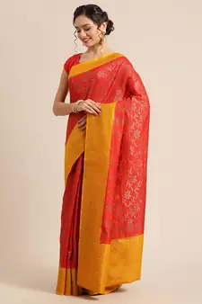 Red pure dupion silk woven saree with blouse