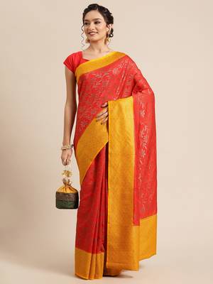 Red pure dupion silk woven saree with blouse 4