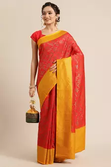 Red pure dupion silk woven saree with blouse