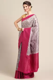 Grey  pure dupion silk woven saree with blouse