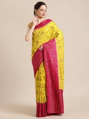 yellow pure dupion silk woven saree with blouse 1