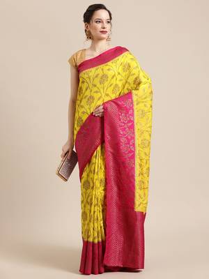 yellow pure dupion silk woven saree with blouse 4