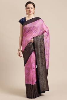 Pink pure dupion silk woven saree with blouse