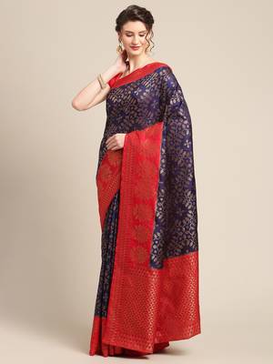 Blue pure dupion silk woven saree with blouse 3