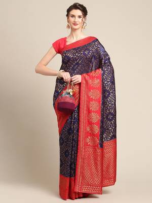 Blue pure dupion silk woven saree with blouse 4