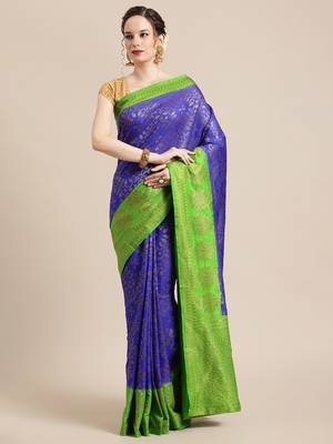 Blue pure dupion silk woven saree with blouse 1