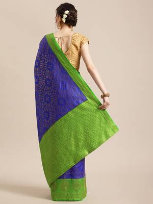 Blue pure dupion silk woven saree with blouse 2